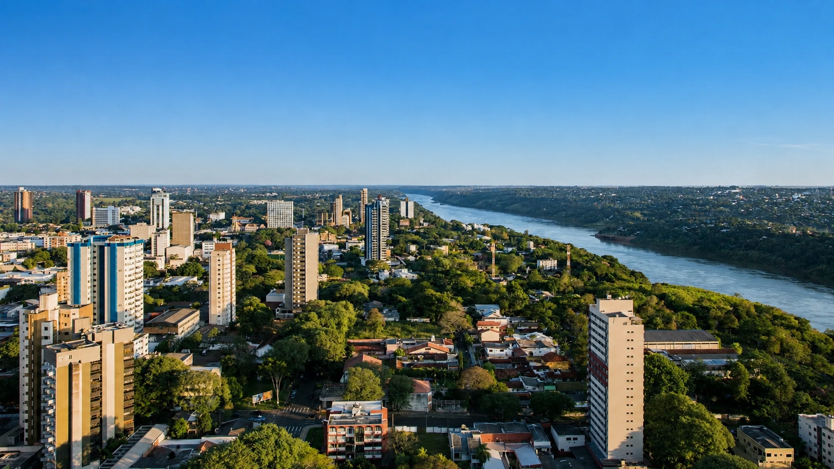 Vista aérea de Foz de Iguazú con el río Paraná al fondo